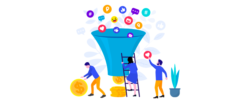 ilustração de funil com pessoas ao lado segurando escada, ícones de redes sociais e moedas.