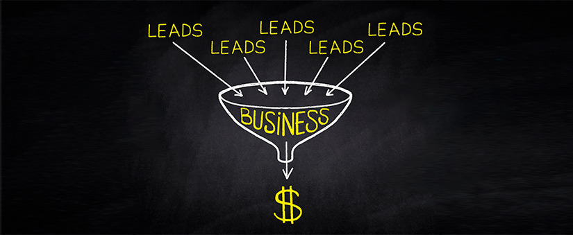ilustração branca em fundo preto de funil com palavras em amarelo: business e leads.