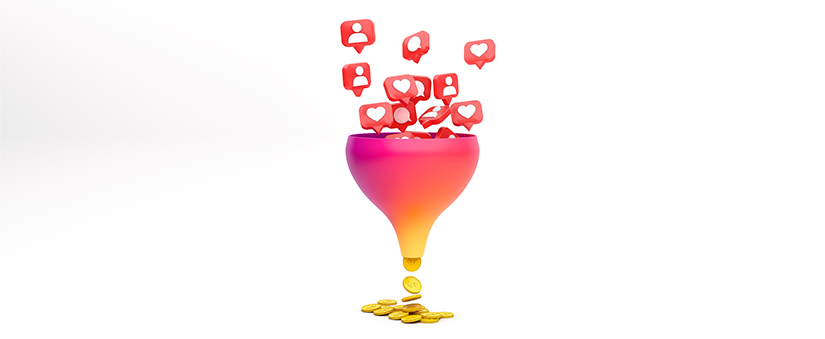 ilustração de funil com ícones de pessoas e corações caindo dentro do funil.