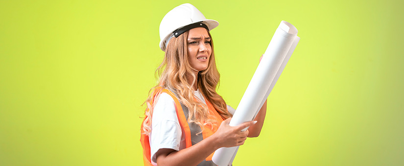 Canteiro de obras: engenheira olha confusa para planta de obra