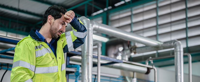 Trabalhador do canteiro de obras passa o braço na testa, exasperado