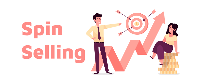 termo "Spin Selling" ao lado de ilustração de um homem apontando para um alvo e uma mulher sentada numa pilha de moedas gigantes.
