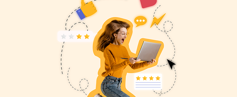 Gestão da experiência do cliente Gestão da experiência do cliente: colagem com uma imagem de uma mulher pulando com um notebook na mão e algumas ilustrações em volta.