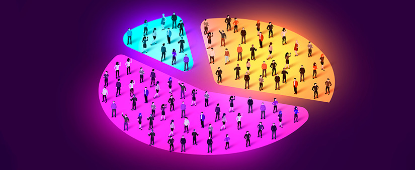 Marketing de Segmento: ilustração de um gráfico de pizza desenhado no chão, divido em três partes desiguais e coloridas e dentro de cada uma das partes, ilustrações de pessoas.