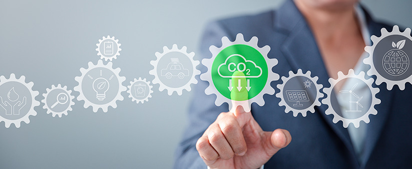 redução da pegada de carbono ilustrações de símbolos que remetem à pegada de carbono, com ênfase em "CO2"