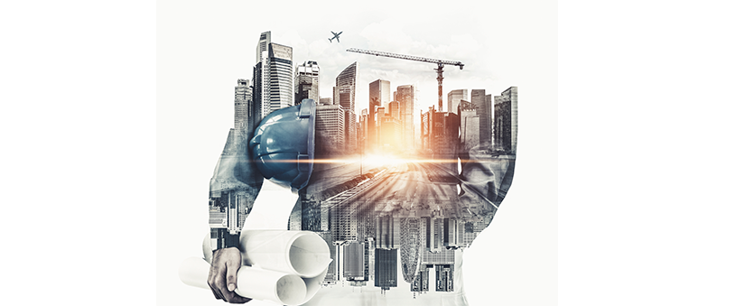 tecnologia na construção civil tecnologia na construção civil: imagem da silhueta de uma pessoa preenchida com imagens de prédios e construções.