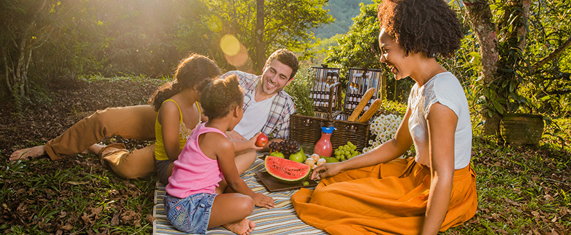 como começar a economizar dinheiro Imagem de um homem, uma mulher e duas crianças fazendo piquenique.