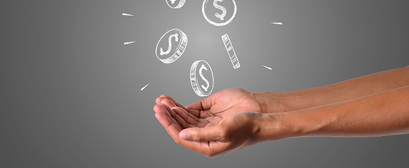 financiamento imobiliário financiamento imobiliário: fundo cinza e dois braços estendidos. Acima ilustração de moedas caindo nas mãos.