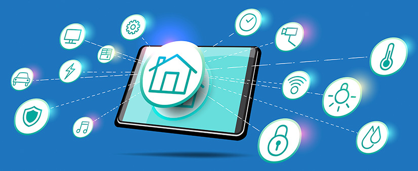 Internet das coisas imagem de um celular com alguns ícones saltando da tela, com ênfase para o ícone de uma casa.