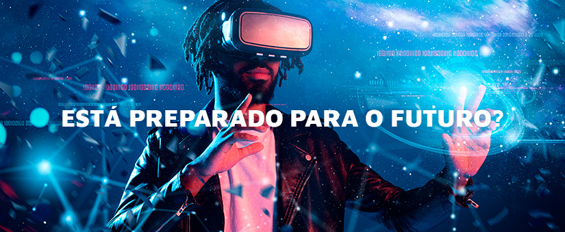 incorporadora da era digital era digital: homem usando um óculos de realidade virtual. Na frente da imagem o texto: "está preparado para o futuro?"