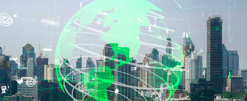 Empresa ESG Empresa ESG: imagem de uma cidade com muitos edifícios e, à frente, uma ilustração em transparência do planeta Terra.