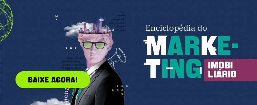 Google Analytics Google Analytics: imagem com fundo azul, texto em destaque do lado direito "Enciclopédia do Marketing imobiliário" e, do lado esquerdo uma colagem com elementos como uma estátua usando um terno e, na cabeça, alguns edifícios em destaque. Um botão de ação do lado esquerdo "Baixe agora"