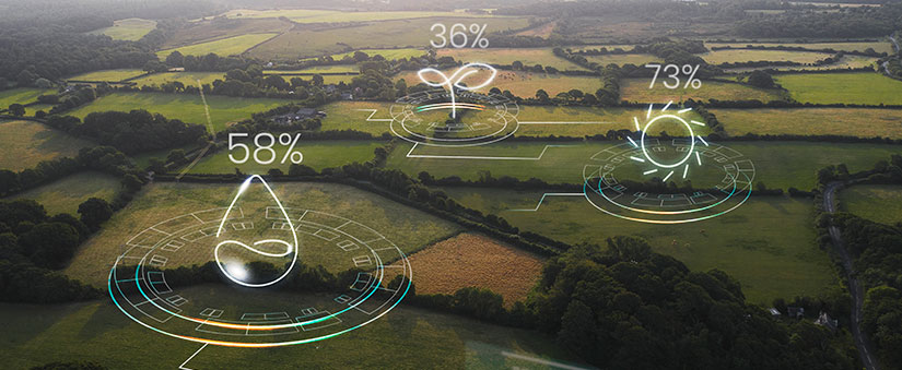 conceitos ambientais imagem ampla de um grande terreno com muitas áreas verdes. em destaque, ilustrações em 3D de uma gota de água, uma planta e um sol.