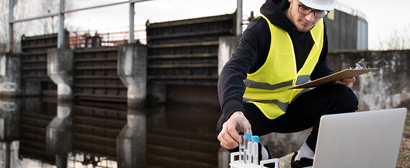 conceitos ambientais conceitos ambientais: homem em canteiro de obra manuseando tubos de ensaio ao lado de um notebook.
