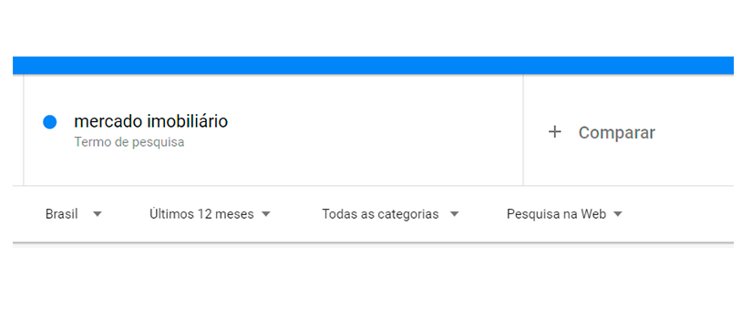 Google Trends Print da tela do Google Trends com o espaço de pesquisa e, abaixo, as caixas de seleção das categorias.