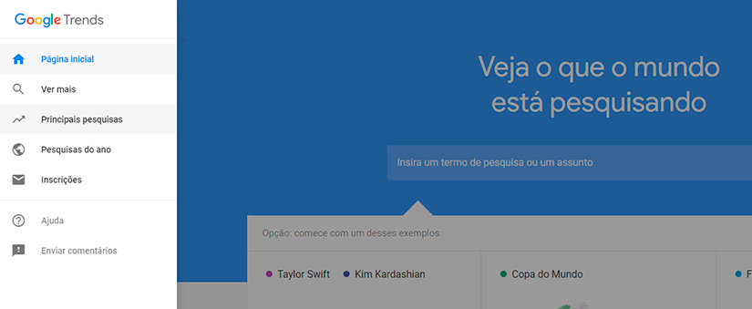 Google Trends Print da oágina inicial do Google Trends