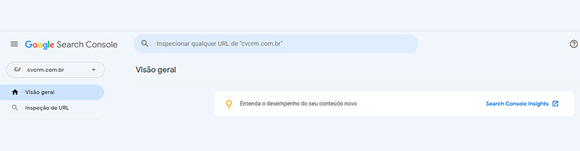 search console imagem do search console com um menu do lado esquerdo com um item selecionado com o título "visão geral"