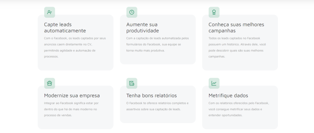 sistema CRM print do sistema CRM CV com quatro blocos de texto.
