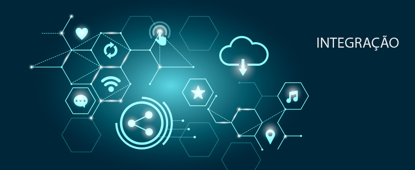 sistema CRM sistema CRM: ilustração de hexágonos interligados e alguns ícones ao redor. DO lado direito a palavra "integração" em destaque.