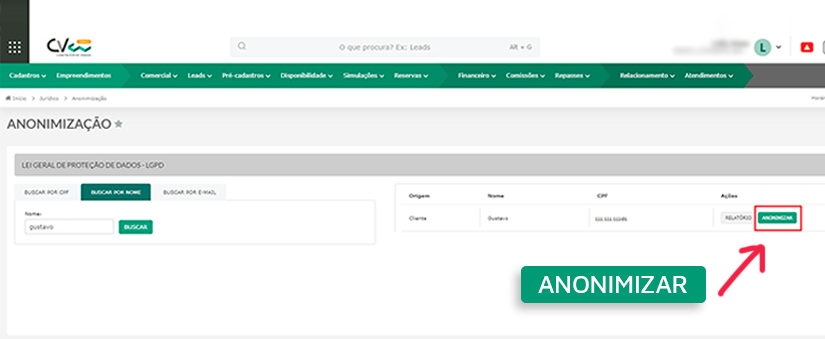 imagem da página ne anonimização de dados do CV CRM
