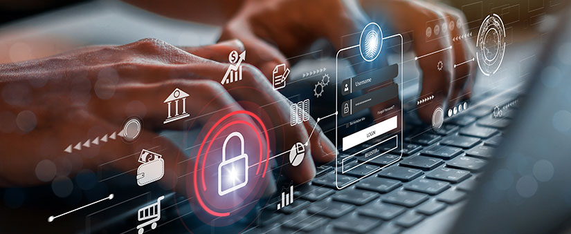 anonimização de dados anonimização de dados: close de mãos digitando num teclado e, acima, ícones que representam login de acesso a sites.