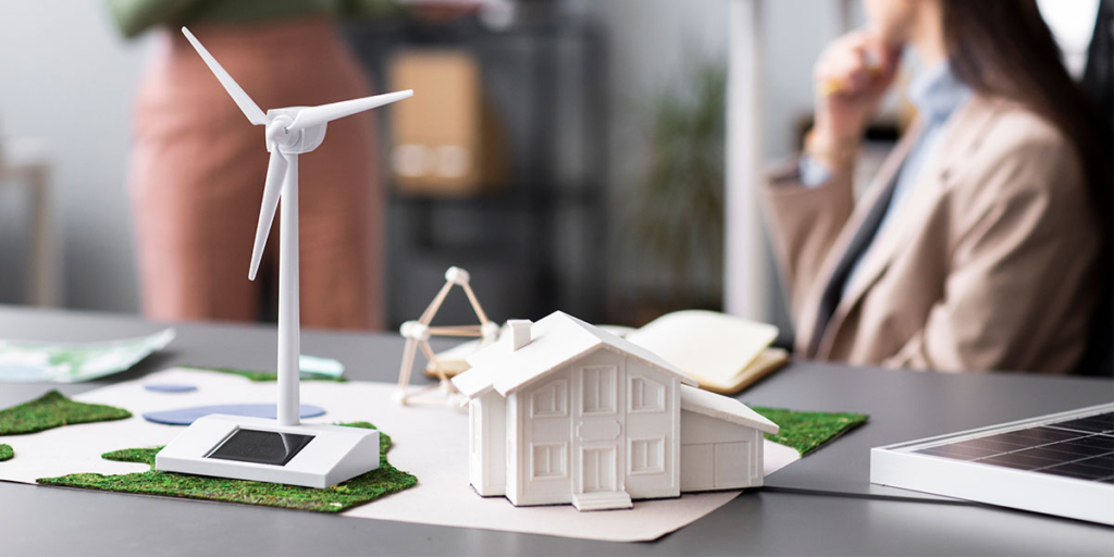 casa sustentável casa sustentável: mesa com uma maquete, uma miniatura de casa e um aerogerador.