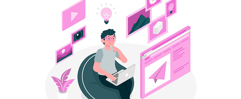 fluxo de cadência fluxo de cadência: ilustração de um homem sentado com um notebook e algumas páginas de site ao redor dele.