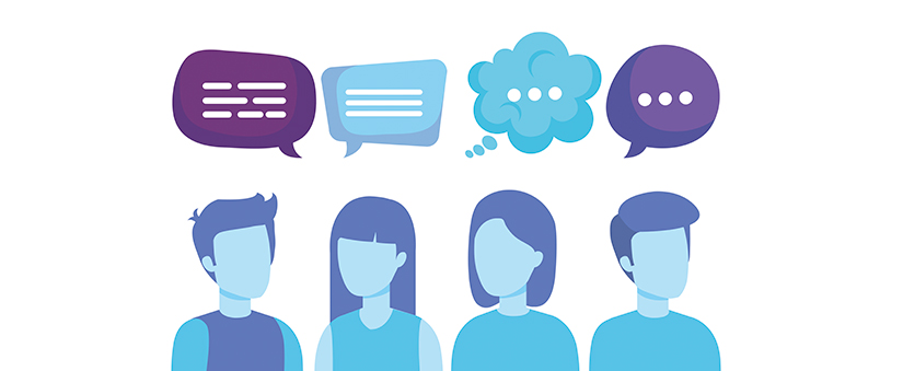 Inteligência emocional: ilustração de quatro pessoas com balões de fala acima de cada um.