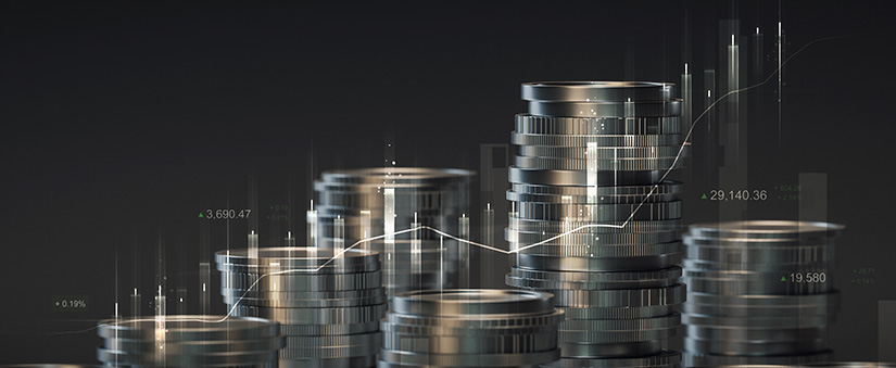tabela de preço tabela de preço: várias moedas empilhadas e um gráfico de linha ascendente na frente da imagem