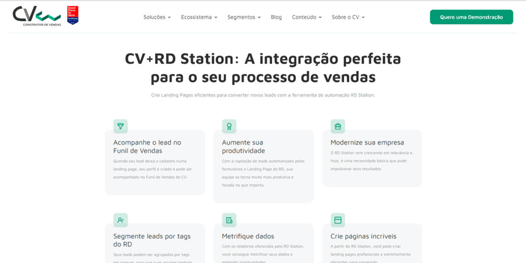 como usar o RD station como usar o RD station: print da página do cv crm. Acima o menu e a marca do CV do lado esquerdo. Abaixo o título "CV+ RD Station: a Integração perfeita para o seu processo de vendas". Abaixo do título 6 blocos de texto com ícones de destaque em cada um.