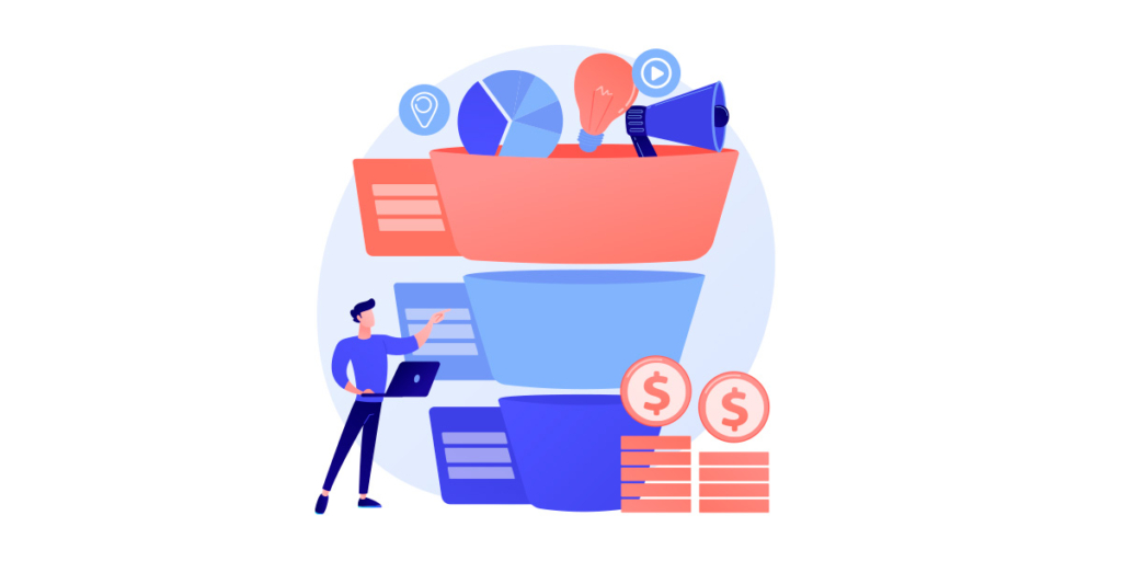 CRM e ERP: ilustração de uma pessoa ao lado de um funil de vendas gigante