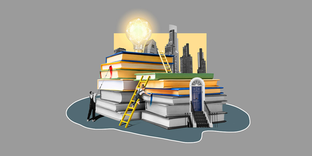 Dicas para corretor de imóveis iniciante Dicas para corretor de imóveis iniciante: ilustração de livro empilhados simulando grandes edifícios e algumas pessoas ao redor limpando.