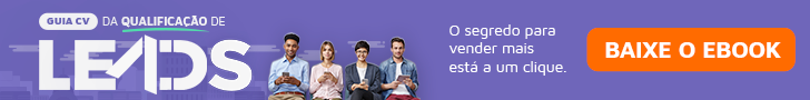 Guia CV de Qualificação de Leads: o banner mostra quatro pessoas sentadas mexendo no celular, o título "Guia CV de Qualificação de Leads" e o subtítulo "o segredo para vender mais está a um clique"