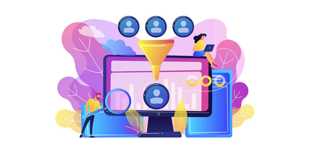 KPI’s de vendas KPI’s de vendas: ilustração de uma tela de computador gigante, um homem à esquerda segurando uma lupa também grande. Acima do computador uma mulher sentada com um notebook.