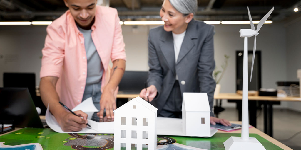 Construção Modular Construção Modular: imagem de duas pessoas à frente de uma mesa segurando um papel de planta de imóvel.