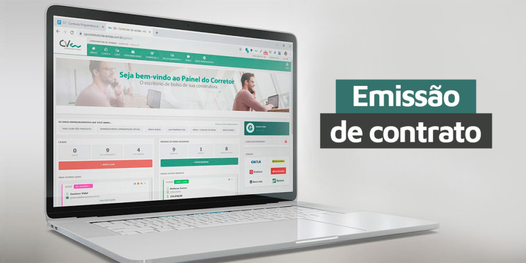 emissão de contrato emissão de contrato: imagem de um notebook com a página inicial do CV CRM, indicando "painel do corretor". Ao lado o título "Emissão de contrato"