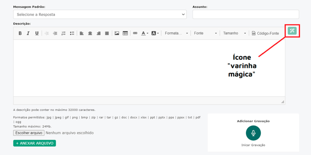 página do CV IA para textos com dois campos superiores: "mensagem padrão" e "assunto". Abaixo um campo maios sinalizado como "descrição"