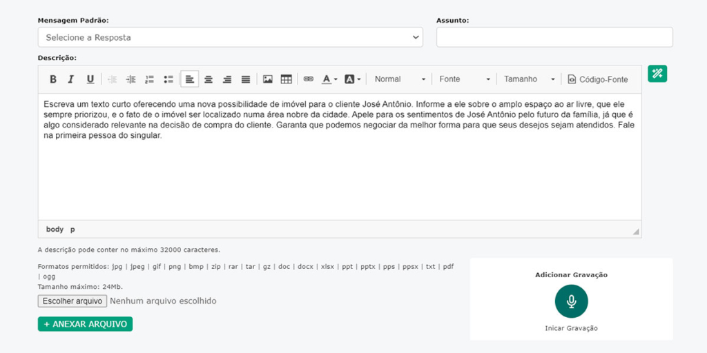 página do CV IA para textos com dois campos superiores: "mensagem padrão" e "assunto". Abaixo um campo maios sinalizado como "descrição"