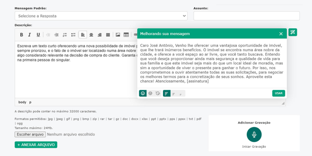 página do CV IA para textos com dois campos superiores: "mensagem padrão" e "assunto". Abaixo um campo maios sinalizado como "descrição"