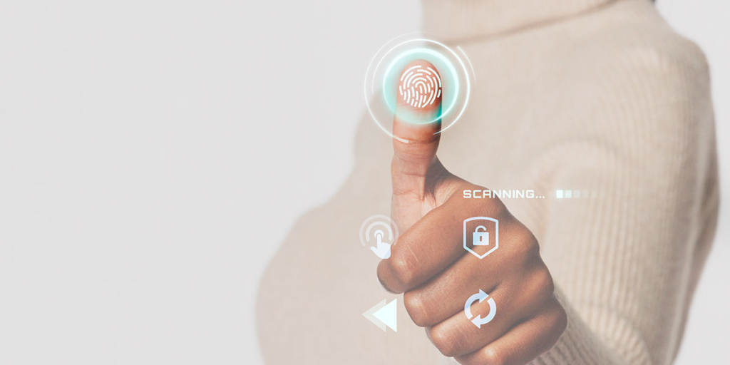 portaria virtual portaria virtual: close na mão de uma pessoa, que clica na tela com o polegar. À frente do polegar a ilustração da digital.