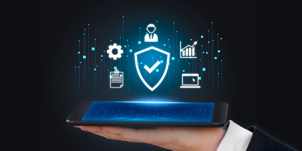 portaria virtual: imagem de uma mão segurando um tablet com alguns ícones acima, saindo da tela.