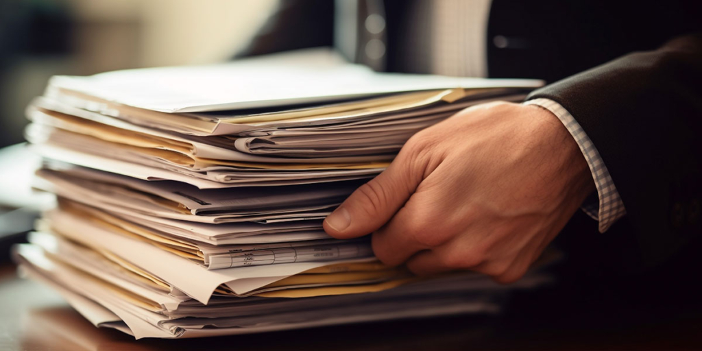 Burocracia Administrativa Burocracia Administrativa: close em mãos segurando uma pilha de papeis.