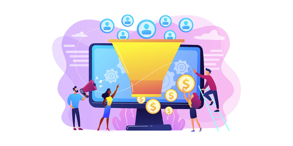 Experiência com CRM Experiência com CRM: ilustração de pessoas em frente a um computador e um funil gigantes com algumas moedas em volta.