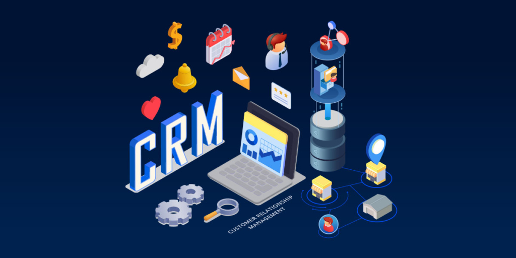 Experiência com CRM Experiência com CRM: ilustração de vários ícones de gráficos, nuvem, coração, atendente, etc, em volta de um notebook. Sigla CRM em destaque.