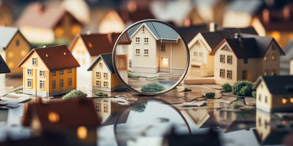 Tipos de imóveis: vária miniaturas de casas e uma lupa, destacando uma delas.