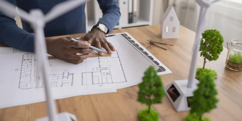 Construção Ecoeficiente Construção Ecoeficiente: close nas mãos de uma pessoa desenhando uma planta de imóvel numa mesa. Na mesa algumas miniaturas de árvores.