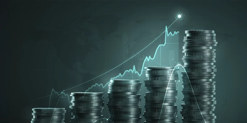Indicadores de satisfação do cliente Indicadores de satisfação do cliente: imagens de pilhas de moedas enfileiradas de forma crescente. Acima um gráfico indicando crescimento