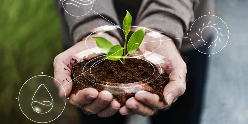 Materiais Ecológicos Materiais Ecológicos: close nas mãos de uma pessoa segurando uma planta.