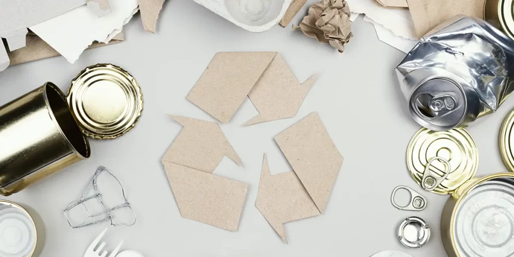 Móveis ecológicos Móveis ecológicos: imagem de uma mesa vista de cima com algumas latas amassadas. No meio, o símbolo da reciclagem feito com papelão.