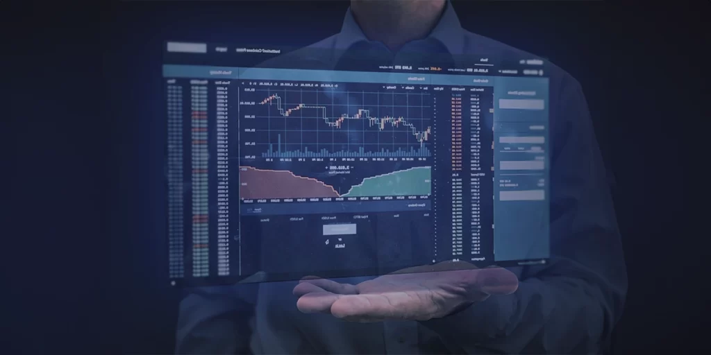 Negócios imobiliários Negócios imobiliários: imagem de uma pessoa com a mão aberta à sua frente. Acima da mão uma tela flutuando com muitos gráficos.